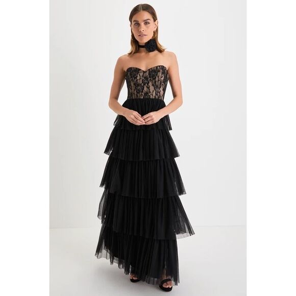 Lulu's Dresses & Skirts - NWT Black Lace Tulle Tiered Strapless Maxi Dress medium by Lulus homecoming avan